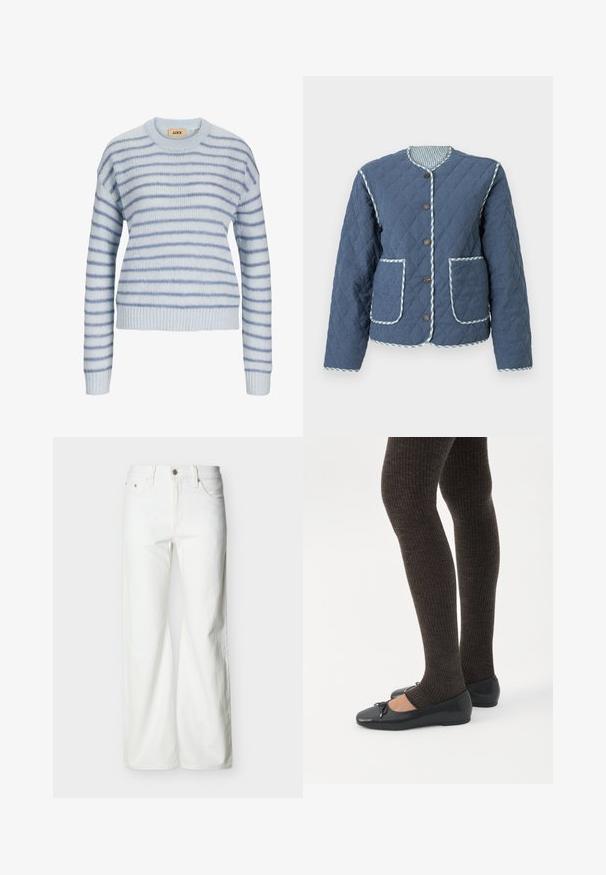 Quiltet marineblå jakke med diamantmønstre, rund halsudskæring, brune knapper, to forlommer og ternede kanter langs kanterne.; Lys blå strikket sweater med vandrette striber i en mørkere blå. Har en rund halsudskæring og ribstrikkede manchetter og kant. Blød tekstur.; Hvide jeans med høj talje og lige ben, med forreste knap, lynlåslukning samt sidelommer og baglommer, mod en ensartet lys baggrund.; Ben iført mørke ribbede leggings kombineret med sorte balletsko med små sløjfedetaljer på hvid baggrund.