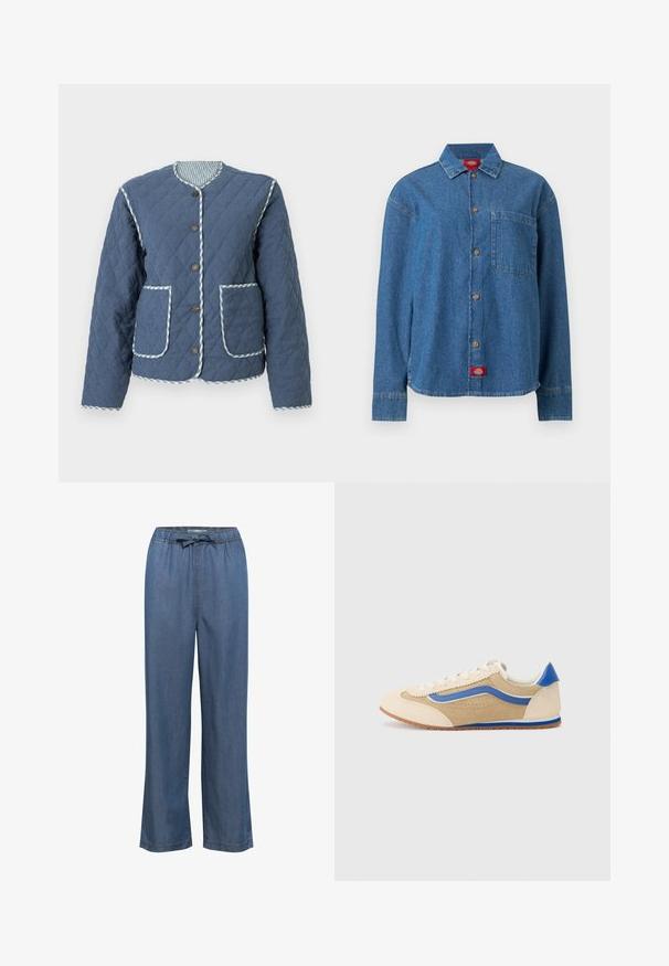 Quiltet marineblå jakke med diamantmønstre, rund halsudskæring, brune knapper, to forlommer og ternede kanter langs kanterne.; Blå langærmet denimskjorte med knapper foran, en brystlomme på venstre side og et rødt logomærke i bunden af skørtet.; Bredde denim bukser i en mellemblå tone, med en elastisk talje og justerbar snor samt lige ben for en afslappet pasform.; Lys tan ruskind sneakers med en blå sidestribe og hælkant. Rund tå, flade snørebånd og perforerede detaljer på overdelen. Gummisål.