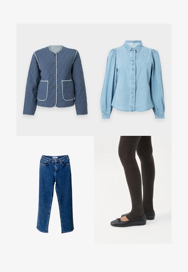 Quiltet marineblå jakke med diamantmønstre, rund halsudskæring, brune knapper, to forlommer og ternede kanter langs kanterne.; Lyseblå denimskjorte med spids krave, knapper foran og lange pufærmer. Glat tekstur med rundet kant forneden.; Blå denim bred-leg jeans med høj talje, der har forlommer, kontrastsyninger og en afslappet pasform.; Ben iført mørke ribbede leggings kombineret med sorte balletsko med små sløjfedetaljer på hvid baggrund.