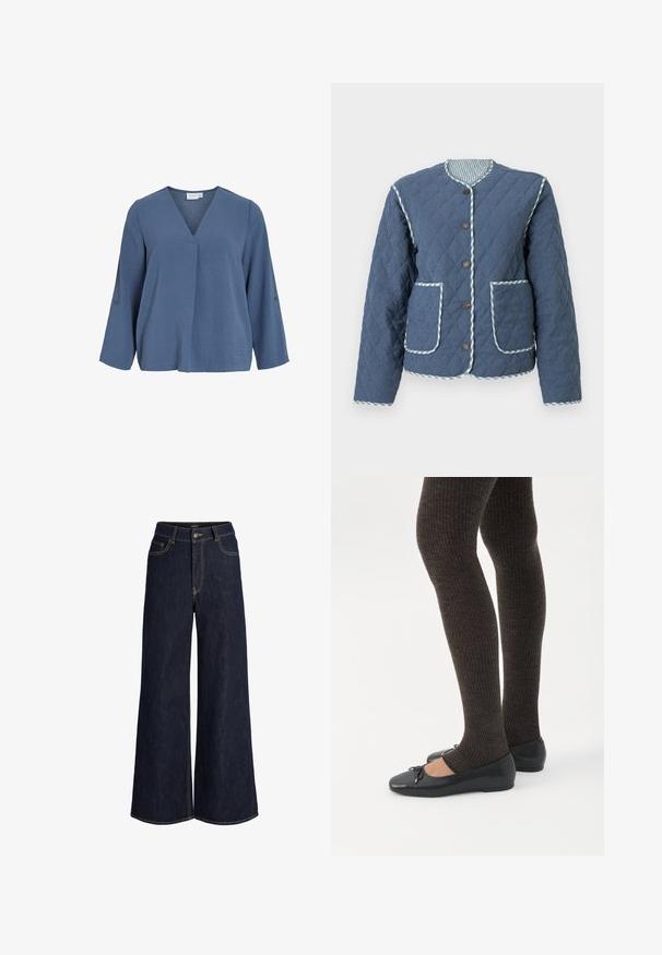 Steppjacke in Marineblau mit Rautenmuster, rundem Ausschnitt, braunen Knöpfen, zwei Fronttaschen und karierter Einfassung entlang der Kanten.; Hellblaue, langärmelige Bluse mit V-Ausschnitt und weicher, zerknitterter Textur. Mit Knopfdetails an den Ärmeln, leicht lockerem Schnitt.; Dunkelblaue Jeans mit weitem Bein, vorne mit Knopf und Reißverschluss, vorderen und Münztaschen sowie sichtbaren Kontrastnähten.; Beine in dunklen, gerippten Leggings kombiniert mit schwarzen Ballerinas mit kleinen Schleifendetails auf weißem Hintergrund.