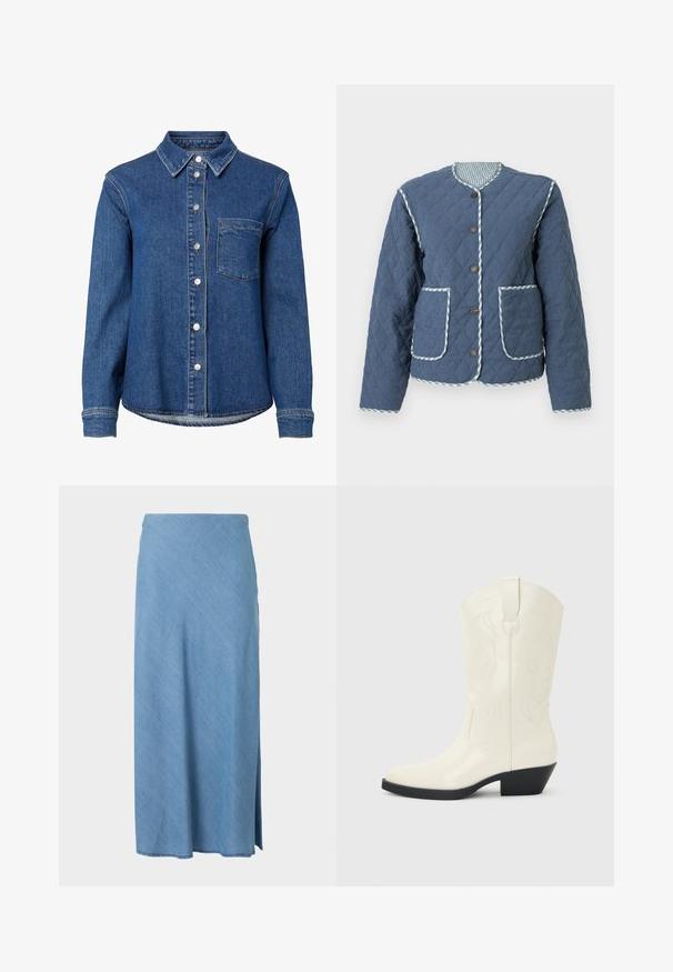Veste matelassée bleu marine avec motifs en losange, encolure ronde, boutons marron, deux poches avant et bordure à carreaux le long des bords.; Chemise en denim bleu à manches longues avec boutons sur le devant, une seule poche poitrine à gauche et un col classique.; Jupe midi bleu clair à coupe droite avec une petite fente latérale, en tissu doux.; Botte blanche de style western mi-mollet avec bout pointu, talon empilé noir, coutures décoratives et languette de tirage sur la tige.
