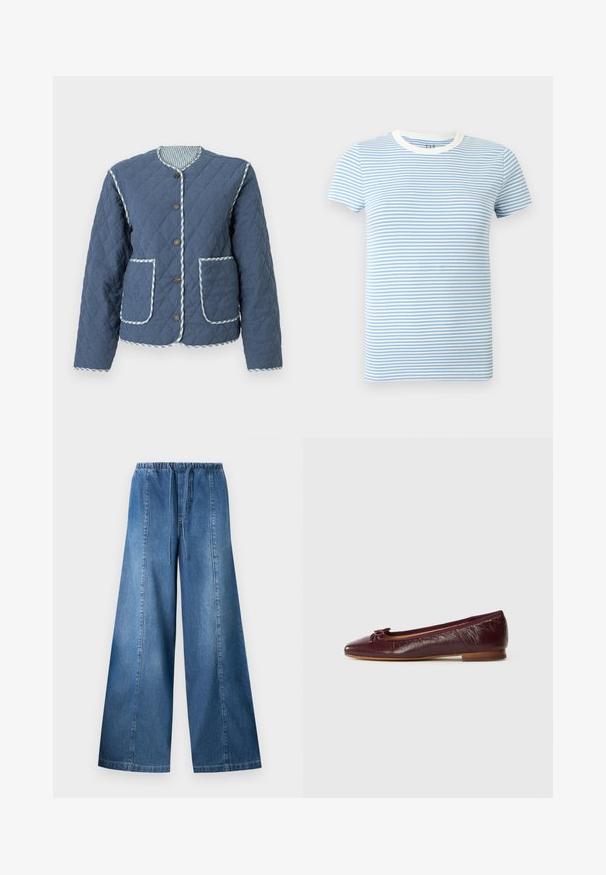 Quiltet marineblå jakke med diamantmønstre, rund halsudskæring, brune knapper, to forlommer og ternede kanter langs kanterne.; Kortærmet t-shirt med lyseblå og hvide vandrette striber og en hvid rund halsudskæring.; Blå denim bukser med vide ben, elastisk talje og snor, med lodrette syninger på hver ben.; Bordeaux læder balletflade med spids tå, en lille sløjfe accent og en tekstureret finish. Lav træhæl.