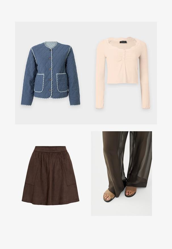 Quiltet marineblå jakke med diamantmønstre, rund halsudskæring, brune knapper, to forlommer og ternede kanter langs kanterne.; Langærmet cropped top i blødt beige stof. Har en halsudskæring med blondekant og knapdetaljer foran samt rynkede stofaccents.; Brun ruskindnederdel med elastisk linning, med sidelommer og en udvidet pasform. Glat tekstur og knælængde.; Fødder i lysebrune ruskinds sandaler med åbne tæer, delvist dækket af gennemsigtige mørkebrune bukser med vide ben på hvid baggrund.