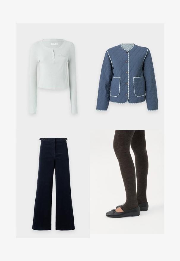 Gequilt donkerblauw jack met diamantvormige patronen, ronde halslijn, bruine knopen, twee voorzakken en geruite bies langs de randen.; Lichtgroene geribde lange mouw top met een ronde halslijn, knoopsluiting en een subtiele geëtste logo op de borst. Zachte textuur.; Donker marineblauwe wijde corduroybroek met verstelbare zijgespen op de taille tegen een effen achtergrond.; Benen met donkere geribbelde leggings gecombineerd met zwarte ballerina's met kleine strikdetails op een witte achtergrond.