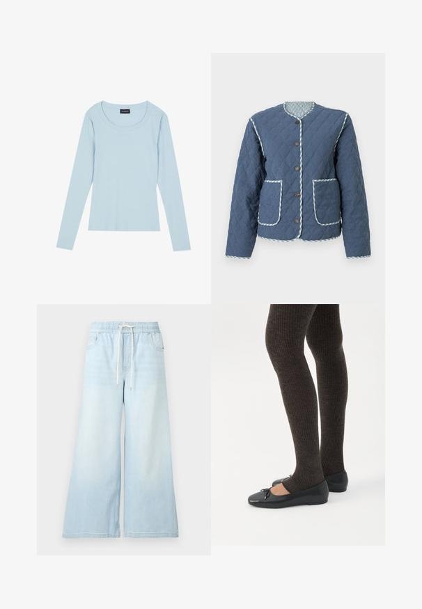 Veste matelassée bleu marine avec motifs en losange, encolure ronde, boutons marron, deux poches avant et bordure à carreaux le long des bords.; Haut à manches longues bleu clair, en ribbed, avec un col rond et une coupe ajustée. Texture douce avec un motif subtil courant verticalement.; Pantalon en jean bleu clair à jambes larges avec taille élastique et cordon blanc, doté de poches avant et d’un léger effet délavé.; Jambes portant des leggings côtelés foncés associés à des ballerines noires avec de petits détails en nœud sur fond blanc.