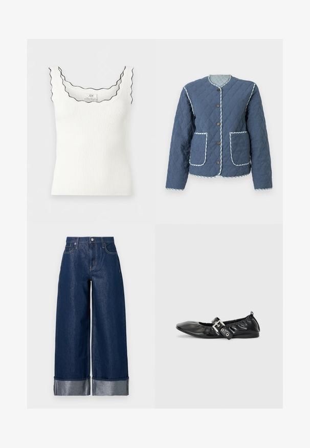 Veste matelassée bleu marine avec motifs en losange, encolure ronde, boutons marron, deux poches avant et bordure à carreaux le long des bords.; Débardeur blanc côtelé sans manches avec bords festonnés soulignés de noir autour de l'encolure et des bretelles.; Jean large en denim bleu foncé à taille haute, design à cinq poches, et revers pliés dévoilant le tissu intérieur plus clair.; Chaussure plate en cuir noir avec un nez pointu, des détails froncés autour de l'ouverture et un accent en boucle argentée sur la bride ajustable.