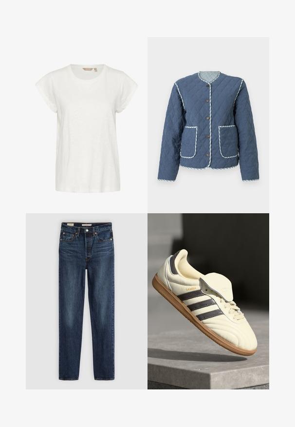Chaqueta acolchada azul marino con patrones de diamante, escote redondo, botones marrones, dos bolsillos frontales y ribete a cuadros a lo largo de los bordes.; Camiseta blanca de manga corta con cuello redondo, fabricada en un material suave y ligero, con un ajuste holgado. Sin patrones ni acentos notables.; Vaqueros rectos de color azul oscuro con cinco bolsillos, cierre de botón y cremallera, y costuras en contraste.; Zapatilla de cuero crema con tres rayas oscuras, suela de goma marrón y punta redondeada. Cuenta con una lengüeta plegable etiquetada como "SAMBA".