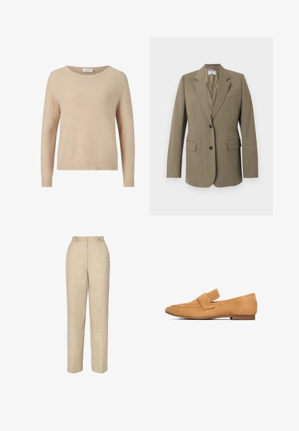 Tan enkeltknappet blazer med hakkede revers, to forlommer med klap, brystlomme og to sorte knapper, foret inderside.; Beige striktrøje med rund halsudskæring, lange ærmer og ribkant. Blød tekstur og afslappet pasform. Mærke synligt ved halsudskæringen.; Beige skræddersyede bukser med en glat, struktureret stof, høj talje og to frontknapper. Har en lige benbredde og minimal syning.; Lette mokkasiner i tan farve med flad hæl, rund tå og en syet strop over vristen for et raffineret udtryk.