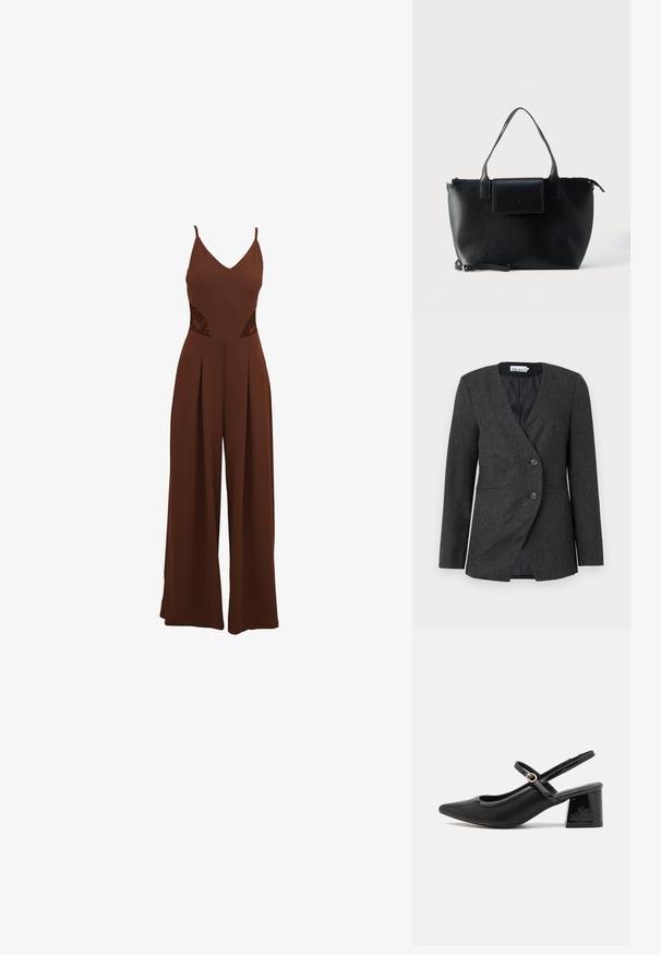 Mørkegrå skræddersyet blazer lavet af tekstureret stof. Har en dobbeltbrystet front med to knapper og en spids krave.; Brun jumpsuit med V-udskæring, tynde stropper, udskårne broderidetaljer på siderne og brede bukser med plisseret design.; Sorte patentlæder slingback hæle med spids tå, rund udskæring og blokhæl. Har en guldtonet spændeaccents.; Sort lædertaske med to håndtag, en aftagelig rem, magnetisk flaplukning og en glat overflade. Lynlåslukning øverst og dekorative syninger.