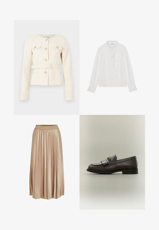 Veste en tweed crème avec boutons en perles, poches à rabat à l’avant, manches longues et ceinture assortie à la taille.; Blouse blanche avec manches longues, poignets à volants, plastron à volants et fermeture boutonnée. Fabriquée en tissu léger. Design simple.; Jupe midi plissée en satin beige clair. Dotée d'une large taille élastique et de plis verticaux élégants sur toute sa longueur.; Mocassin en cuir marron foncé avec détail à franges et boucle dorée sur semelle noire, vu de côté sur un fond neutre.