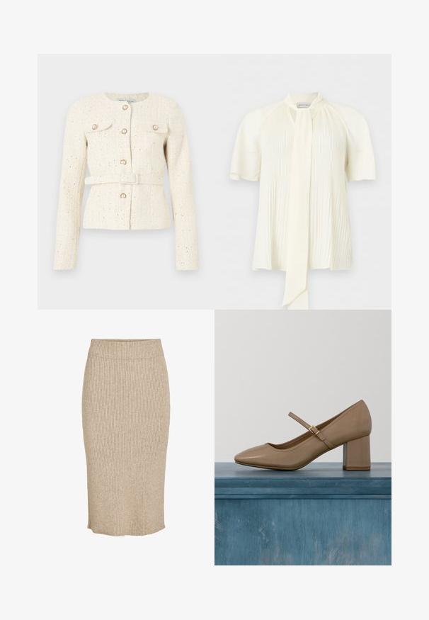 Veste en tweed crème avec boutons en perles, poches à rabat à l’avant, manches longues et ceinture assortie à la taille.; Blouse couleur crème avec manches courtes bouffantes, plis verticaux sur le devant et un long détail noué au col.; Jupe tricotée de couleur beige clair avec une texture à côtes verticales, longueur genoux avec une taille élastique et une coupe droite.; Escarpin en cuir beige à talon bloc avec bout arrondi et une bride décorative avec une boucle dorée. Texture lisse, design minimaliste.