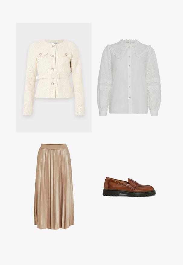 Veste en tweed crème avec boutons en perles, poches à rabat à l’avant, manches longues et ceinture assortie à la taille.; Blouse blanche avec un col volanté, fermeture à boutons et détails en broderie sur les manches bouffantes. Présente un éclat subtil et une texture douce.; Jupe midi plissée en satin beige clair. Dotée d'une large taille élastique et de plis verticaux élégants sur toute sa longueur.; Mocassins en cuir marron avec un accent texturé ; bout rond et détails cousus ; semelle extérieure en caoutchouc noir robuste pour une bonne adhérence.
