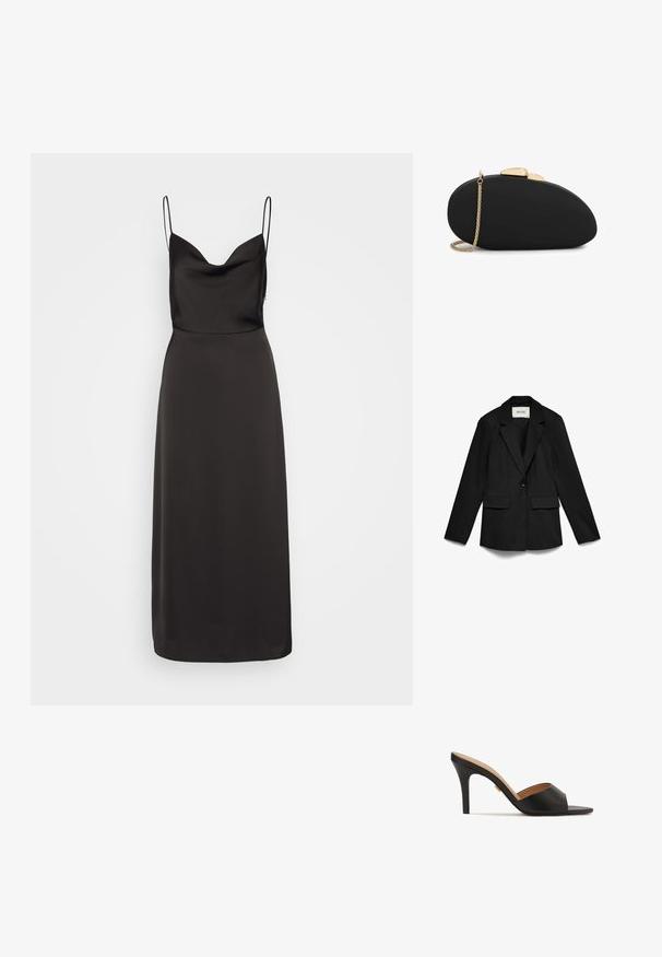 Blazer noir à un bouton avec revers crantés et deux poches avant à rabat, affiché à plat sur fond blanc.; Robes en satin noir avec un corsage ajusté, un large décolleté et de fines bretelles. La jupe tombe jusqu'aux chevilles, arborant une texture lisse.; Mules noires à talons hauts ouverts, avec une tige en cuir lisse, un devant en forme d'amande et un élégant talon aiguille. Détails en accent doré visibles.; Pochette noire de forme ovale avec fermoir doré et chaîne dorée posée sur un fond blanc.