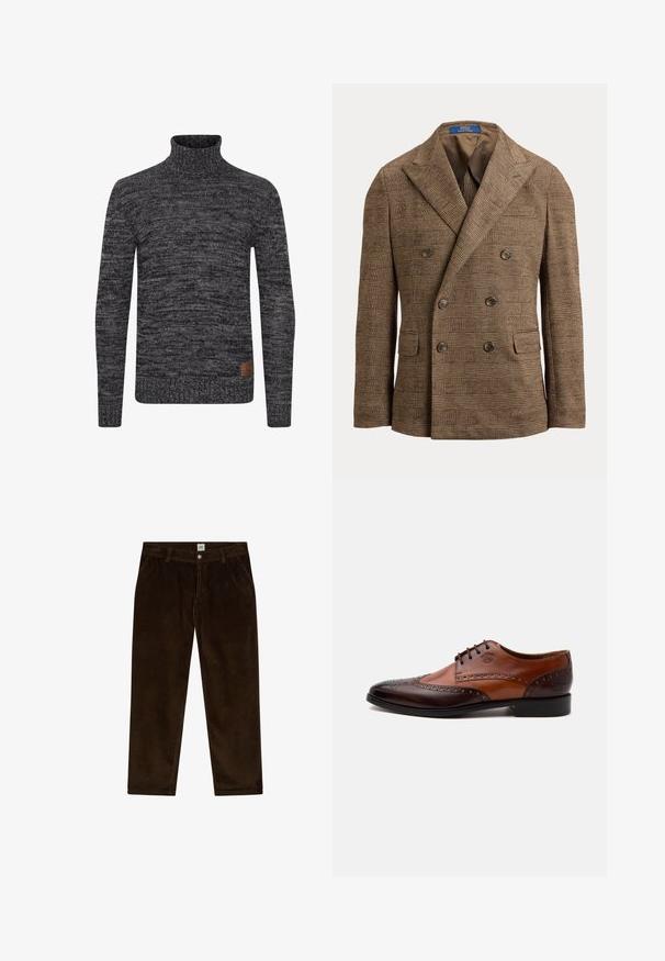 Blazer marron croisé à motif à carreaux, col à pointe, quatre boutons et poches à rabat, présenté sur fond blanc.; Pull à col roulé tricoté en gris foncé avec un motif texturé. Présente un design ajusté et une étiquette tissée sur le bas à l'avant.; Pantalon en velours côtelé brun foncé avec poches avant, passants de ceinture et fermeture par bouton à la taille de la marque Lee.; Chaussure habillée homme en cuir marron bicolore avec détails brogue et fermeture à lacets, vue de côté sur fond blanc.