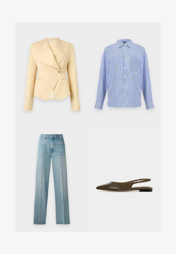 Beige skræddersyet blazer med asymmetrisk revers, enkelt beige knaplukning og lange ærmer, vist på en lys baggrund.; Blå og hvid langærmet skjorte med lodrette striber, knapper foran, spids krave, brystlomme og manchetter med knapper.; Lyseblå denimjeans med højt liv, lige ben, subtil fading, kobbernitter og en klassisk knaplukning foran.; Olivengrøn spids tå slingback flad sko med lav sort hæl og en glat, skinnende finish.