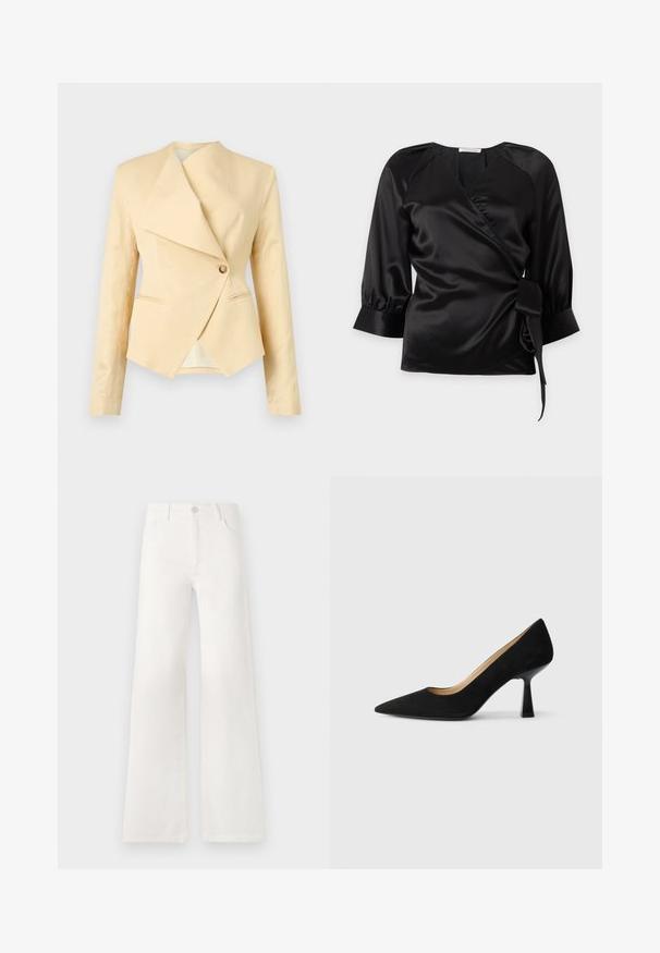 Beige op maat gemaakte blazer met asymmetrische revers, enkele beige knoopsluiting en lange mouwen, afgebeeld op een lichte achtergrond.; Zwarte satijnen wikkelblouse met driekwart mouwen en een strikdetail aan de zijkant, getoond op een effen witte achtergrond.; Witte, hoogwaist, wijde jeans van denim. Heeft een knoopsluiting, twee voorkruiszakken en zijnaadstiksel details.; Zwarte suède high-heeled pump met een spitse neus, voorzien van een glanzende zwarte blokhak en een gladde binnenvoering.