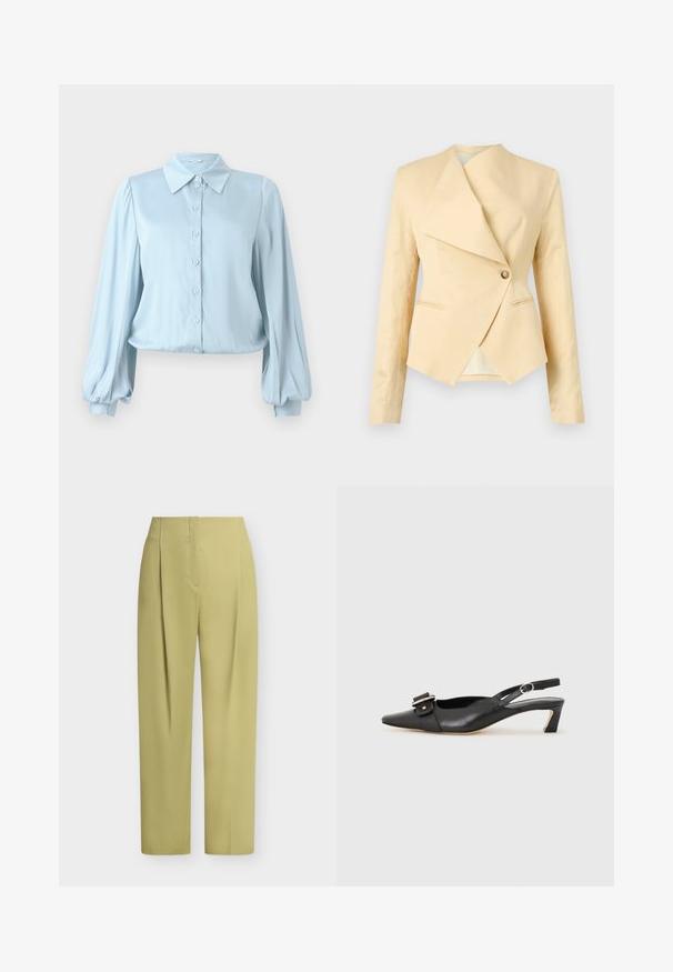 Beige taillierter Blazer mit asymmetrischem Revers, einreihiger beiger Knopfleiste und langen Ärmeln, präsentiert auf hellem Hintergrund.; Hofmann Copenhagen FLORA - Hemdbluse - lavender blue; Hellolivgrüne Hose mit hoher Taille und geradem Bein, vorne mit Abnähern und verdecktem Verschluss, auf weißem Hintergrund.; Schwarzer Leder Slingback-Schuh mit spitzer Zehenform, kleinem Absatz und dekorativem Schnallen-Detail auf dem Obermaterial. Glatte Textur, minimalistisches Design.