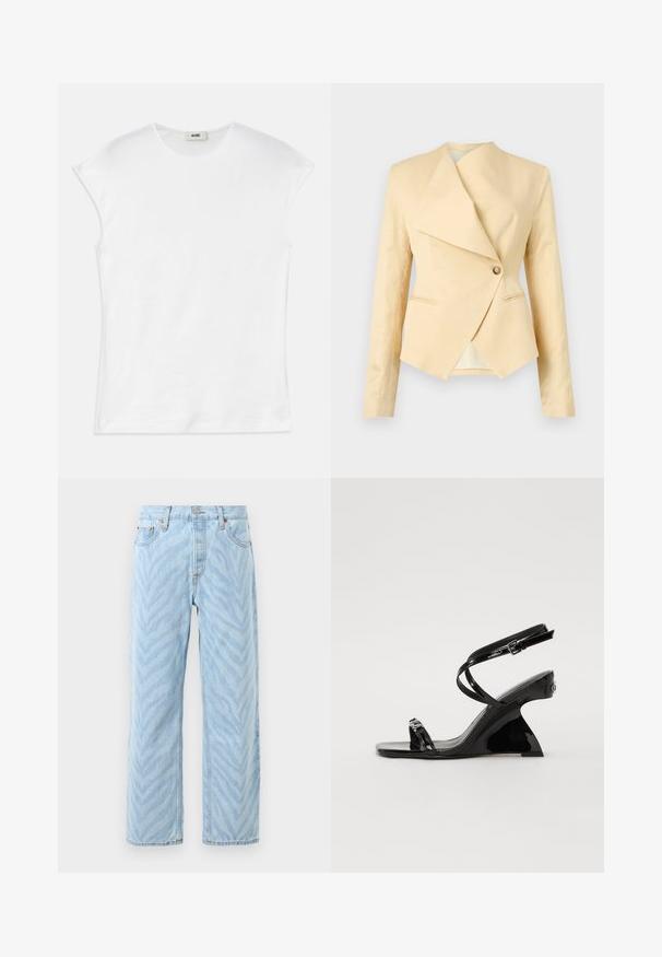 Beige op maat gemaakte blazer met asymmetrische revers, enkele beige knoopsluiting en lange mouwen, afgebeeld op een lichte achtergrond.; Witte T-shirt met korte mouwen van katoen. Het heeft een ronde halslijn en een gladde, zachte textuur met een ontspannen pasvorm. Geen patronen of accenten.; Lichtblauwe rechte jeans met subtiel zebrapatroon, knoop- en ritssluiting, en vijf zakken.; Zwarte gepatineerde leren wedge sandaal met een slanke, open teenontwerp, dunne enkelriemen en een decoratieve gespsluiting.