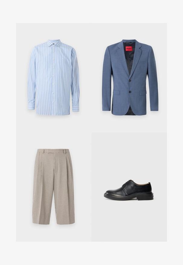 Lyseblå skræddersyet blazer med to-knaps lukning, rullekraver og sidelommer. Har en sort foring og et rødt mærke.; Lys blå langærmet skjorte med vertikale hvide og lyseblå striber, knaplukning, krave og et lille broderet logo på brystet.; Bukser med højtaljet, vid ben og korte længde med beige og sort lille ternet mønster, bæltestropper og forreste læg.; Sorte læder oxford sko med rund tå, snørebånd foran og lav, stablet hæl på lys baggrund.
