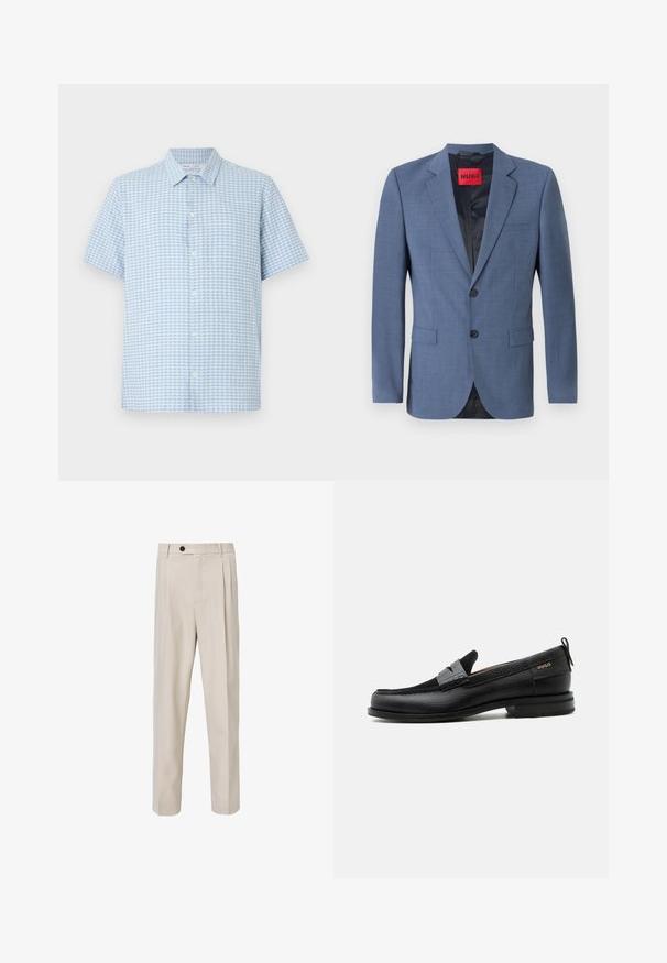 Lyseblå skræddersyet blazer med to-knaps lukning, rullekraver og sidelommer. Har en sort foring og et rødt mærke.; Lyseblå og hvide kortærmede skjorte med småternet mønster og klassisk krave på hvid baggrund.; Beige skræddersyede bukser med lige ben-design, der har frontplisseringer, knaplukning og en glat tekstur.; Sort læderloafer med grå remdetalje, lav hæl og tekstureret sål, mærket med "HUGO" i guld på siden.