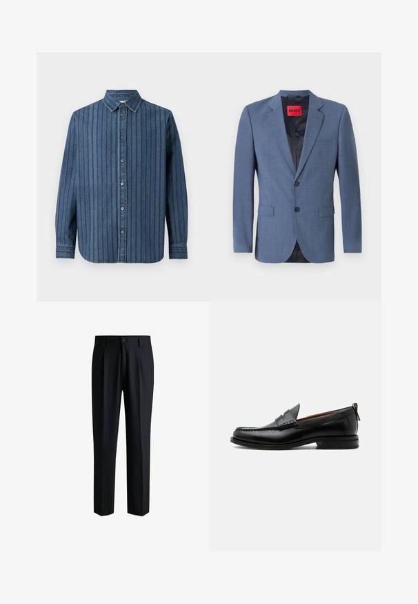 Hellblau gestalteter Blazer mit zwei Knöpfen, Reverskragen und seitlichen Taschen. Verfügt über ein schwarzes Futter und ein rotes Markenetikett.; Samsøe Samsøe SADAMON SHIRT - Hemd - denim; Schwarze Hose aus glattem Stoff, mit geradem Bein-Design, Falten vorne und einem Knopfverschluss mit Gürtelschlaufen.; Schwarzer Leder-Herrenschuh mit Mokassinnaht, Penny-Riemen, strukturiertem Kragen und niedrigem gestapeltem Absatz auf weißem Hintergrund.