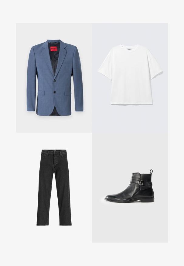 Lyseblå skræddersyet blazer med to-knaps lukning, rullekraver og sidelommer. Har en sort foring og et rødt mærke.; Hvid oversized t-shirt med korte ærmer og rund halsudskæring med sænkede skuldre, fladt lagt på lys grå baggrund.; Sorte denim jeans med lige ben-design, som har lynlås, bæltestropper og seks lommer, lavet af et robust bomuldsblandingsstof.; Sorte læder ankelstøvler med rund tå, sidespænde detaljer og en løkkerings på hælen. Flad sål med en subtil glansfinish.