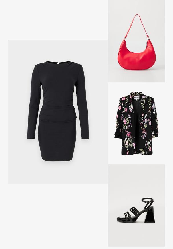 Sort blazer med opkørte ærmer med et blomstermønster i pink, hvid og grøn, åben front og "PIECES" mærke indeni kraven.; Sort langærmet kjole lavet af strækbart materiale, med en tætsiddende silhuet, rynker på siden og en lille nøglehulsåbning bagpå.; Sorte laklæder hæl sandaler med firkantet tå, multiple stropdesign, justerbar ankelrem og en chunky geometrisk hæl.; Rød syntetisk læder skuldertaske med en buet form, slank rem og lynlås lukning. Glat tekstur med synlige syninger.