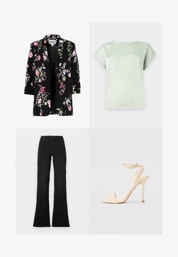 Sort blazer med opkørte ærmer med et blomstermønster i pink, hvid og grøn, åben front og "PIECES" mærke indeni kraven.; Lysegrøn kortærmet bluse med manchetærmer og rund halsudskæring, vist fladt mod en hvid baggrund.; Sorte højtaljede flared jeans med frontlommer, bæltestropper og knaplukning på en hvid baggrund.; Beige højhælede sandaler med en slank ankelrem og firkantet tå. Glat syntetisk materiale, minimalistisk design og stiletto-hæl.