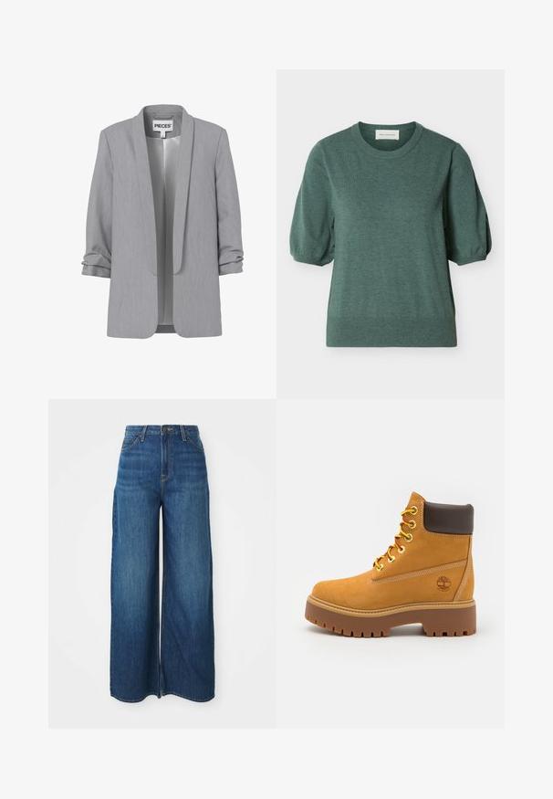 Lysegrå blazer med åben front, opkrogede ærmer, sjalskrave og glat inderfor, mærket "PIECES" indeni nakken.; Grøn kortærmet striktrøje med rund halsudskæring og let puffede ærmer, lavet af blødt stof.; Højtaljede bukser i vidde med blå denim, frontlommer, bæltestropper, knaplukning og synlig syning på en hvid baggrund.; Tan vandtæt ankelstøvle med en robust gummisål, rund tå, brun læderkrave, gule snørebånd og et logo på siden.