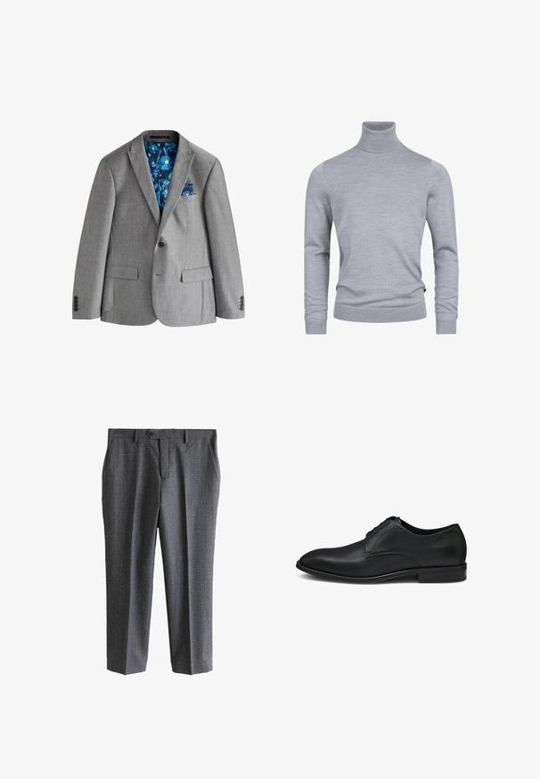 Grijze blazer met knoopsluiting, schuine revers, klepzakken en een binnenvoering met blauwe bloemenprint, zichtbaar aan de binnenkant en in het pochet in de borstzak.; Grijze coltrui gemaakt van een zachte breistof. Beschikt over lange mouwen en een getailleerd ontwerp met geribde manchetten en zoom. Simpele, gladde textuur.; Grijze pantalon met subtiel ruitmotief, knoop aan de voorkant, ritssluiting, riemlussen en zijzakken.; Zwarte leren nette schoen met een gladde afwerking, ronde neus en een vetersluiting met vijf oogjes, voorzien van subtiele stikdetails.