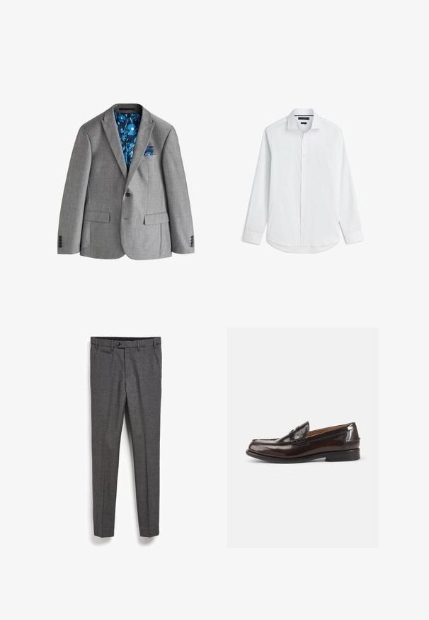 Grå enkeltknappet blazer med hakket revers, klaplommer og blå blomsterprintet foring synlig indeni og i brystlommetørklædet.; Hvid langærmet skjorte med knapper, klassisk krave og knappede manchetter, vist fladt på en hvid baggrund.; Grå skræddersyede bukser med et struktureret stof, frontlomme og lige ben design. Har en knaplukning i taljen.; Brune læder loafers med en blank finish, et syet design ved tåen og en lav hæl. Der er også en præget brandingdetalje på siden.