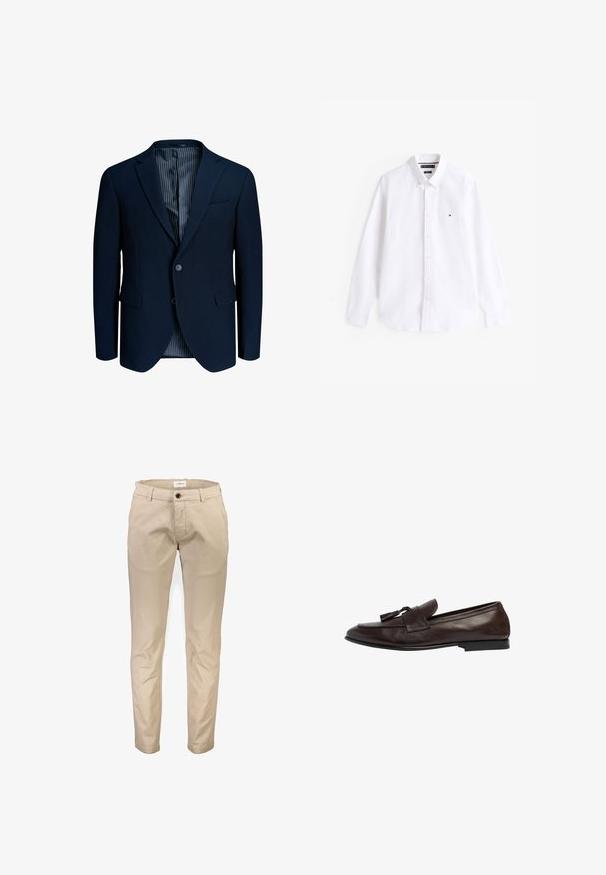 Dunkel marineblauer Herrenblazer mit zwei Knöpfen, Kerb-Revers, Pattentaschen und gestreiftem Innenfutter.; Weißes Langarm-Hemd mit Button-Down-Kragen aus Baumwolle. Verfügt über einen modischen Kragen, eine Knopfleiste und ein kleines gesticktes Logo auf der Brust.; Beige Baumwollhosen mit geradem Bein, ausgestattet mit Vordertaschen, Reißverschluss und einem einzelnen Knopfverschluss. Glatte Textur, ohne Muster.; Braune Lederloafers mit niedrigem Absatz, ausgestattet mit einem breiten Riemen und dekorativen Quasten. Die glatte Textur und das klassische Design erhöhen die Vielseitigkeit.