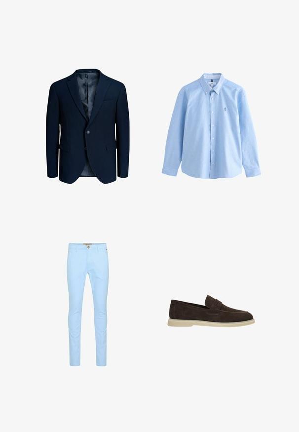 Dunkel marineblauer Herrenblazer mit zwei Knöpfen, Kerb-Revers, Pattentaschen und gestreiftem Innenfutter.; Next SLIM FIT - LONG SLEEVE OXFORD SHIRT . - Hemd - light blue; Helleblaue Baumwollchinos mit slim fit, ausgestattet mit einem vorderen Knopfverschluss, Gürtelschlaufen und einer glatten Textur. Keine sichtbaren Muster oder Akzente.; Braune Wildlederschlupfschuhe mit einem schlichten Design, das eine leichte Kappe und eine hellfarbige Gummisohle aufweist.