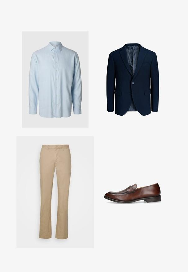 Dunkel marineblauer Herrenblazer mit zwei Knöpfen, Kerb-Revers, Pattentaschen und gestreiftem Innenfutter.; Helles blaugraues Langarmshirt aus weichem Stoff, mit klassischem Kragen und knöpfbarem Vorderteil mit sechs passenden Knöpfen.; Beige gerade geschnittene Hosen aus Baumwollstoff mit flachem Bund und Gürtelschlaufen. Mit einem einzelnen Knopfverschluss und umgeschlagenen Säumen.; Brauner Herrenkalbslederschuh mit Pennyriemen, niedrigem Absatz und glatter Oberfläche, im Seitenprofil auf weißem Hintergrund gezeigt.