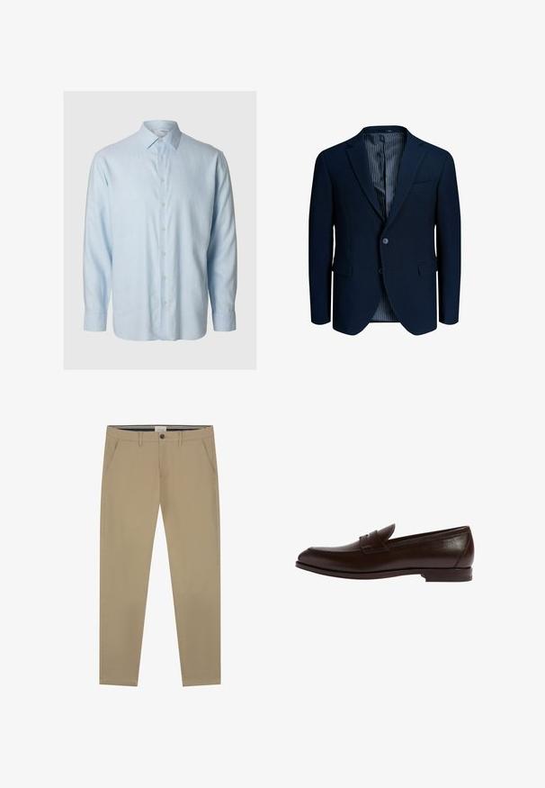 Donker marineblauw herenblazer met twee knopen, inkeping revers, klepzakken en een gestreepte binnenvoering.; Lichtblauwe lange mouwen shirt van zachte stof, met een klassieke kraag en een knoopsluiting aan de voorkant met zes bijpassende knopen.; Beige chino's gemaakt van zachte katoen, met een recht model, een enkele knoopsluiting en twee zijzakken. Subtiele stikseldetails.; Bruine leren loafers met een ronde neus, gestikte details en een discrete bandaccent. Slank profiel met een platte rubberen zool.