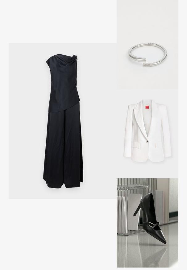 Blazer blanc à un bouton avec revers crantés, deux poches à rabat sur le devant, et une étiquette rouge "HUGO" à l’intérieur du col.; Combinaison noire en satin à une épaule avec pantalon à jambes larges et détail noué à l'épaule.; Chaussure à talon haut noire pointue avec une bride à boucle argentée, placée sur une surface réfléchissante près d’un organiseur métallique contenant des papiers.; Calvin Klein SPIRAL - Bracelet - silver-coloured