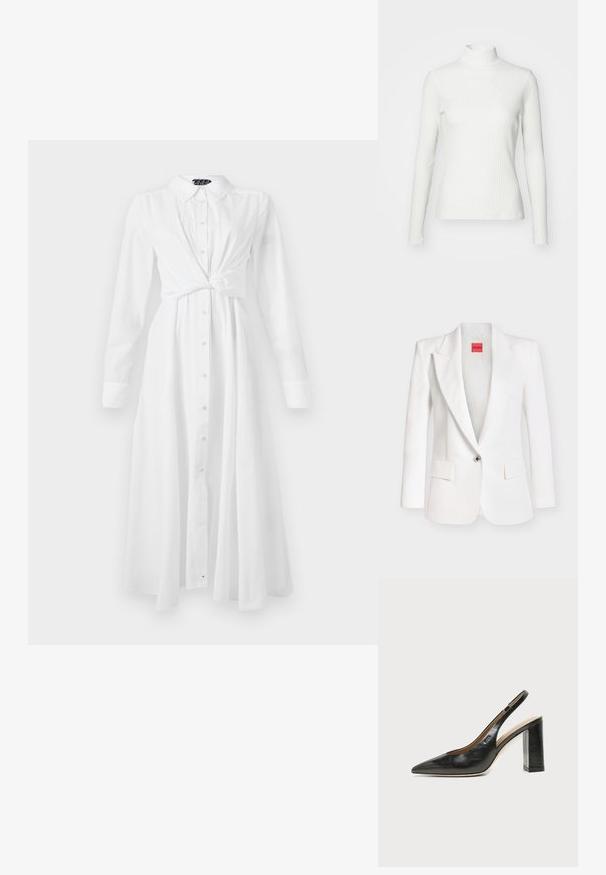 Weißer Ein-Knopf-Blazer mit Revers mit Kerbe, zwei vorderen Pattentaschen und einem roten "HUGO"-Label innen im Kragen.; Weißes geripptes Turtleneck-Oberteil mit langen Ärmeln, aus elastischem Stoff. Verfügt über ein enganliegendes Design und einen hohen Kragen für zusätzlichen Schutz.; Weißes Langarmhemdkleid mit Kragen, Knopfleiste und geknotetem Taillendesign; hat einen fließenden, geraden Schnitt und eine weiche Textur.; Schwarzer Leder-Slingback-Schuh mit spitzer Kappe, hohem Blockabsatz und beigegefüttertem Innenraum vor hellem, einfarbigem Hintergrund.