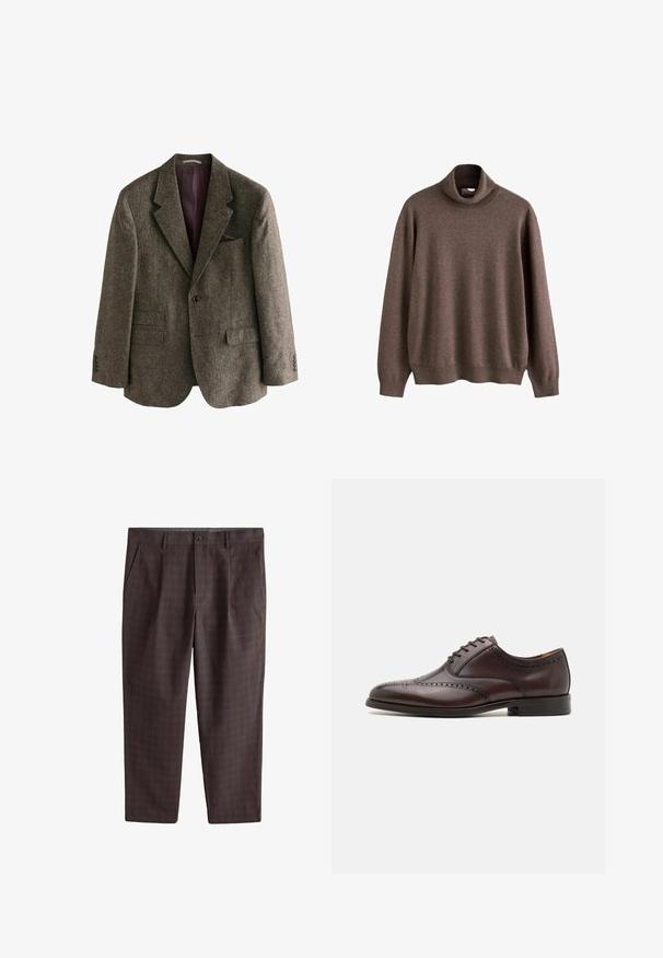 Pruun tweed bleiser, millel on notš krae, kaks esikotti, üksikelise nööbiga sulgemine ja burgundia tooni vooder. Kaasa tuleb tasku ruut.; Pruun kaelus-sweater pehmest kangast. Omab pikki varrukaid ja lõdva-istuvust, ribiga kaela ja hemmi detailidega.; Meeste pruunid pidulikud püksid kauni ruudulise mustriga, nööpidega kinnitusega, küljetaskute ja vööaasadega, asetatud valgele taustale.; ALDO DONALD - Elegantsed paeltega jalatsid - dark brown