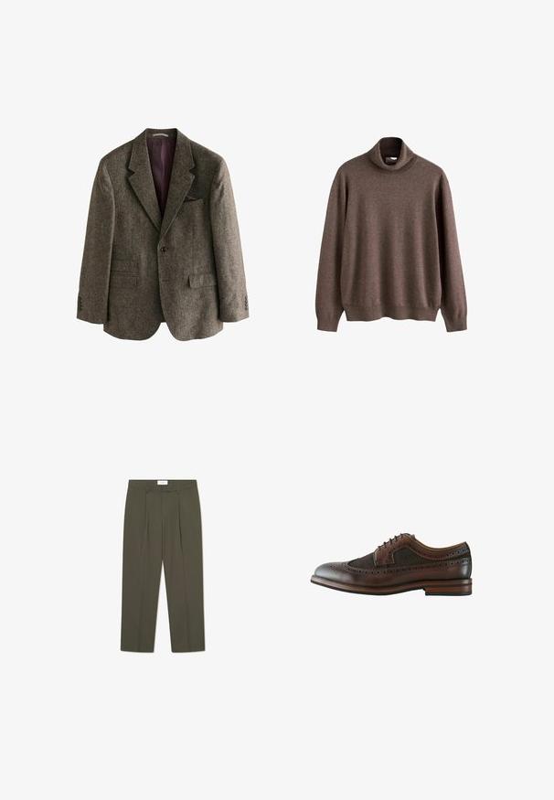 Brauner Tweed-Blazer mit Reverskragen, zwei Vorderaschen, einem Einzelknopfverschluss und burgunderfarbener Innenfutter. Inklusive eines Einstecktuchs.; Brauner Rollkragenpullover aus weichem Stoff. Hat lange Ärmel und eine lockere Passform, mit geripptem Kragen und Saumdetails.; Olivgrüne Hose mit vertikalen Nadelstreifen, tailliertem Bund, Falten und geradem Bein. Glatte Textur.; Dunkelbrauner Leder-Wingtip-Brogue-Schuh mit dekorativen Perforationen, Schnürverschluss und Holzsohle mit mehrlagigem Absatz.