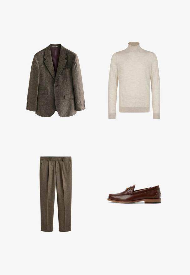 Blazer en tweed marron avec un col à cran, deux poches avant, une fermeture à bouton unique et une doublure bordeaux. Comprend un pochette.; Pull à col roulé beige clair à manches longues, avec des poignets et un ourlet côtelés, présenté sur un fond blanc.; Pantalon marron pour homme, coupe ajustée avec plis devant, poches latérales, passants de ceinture et coupe droite.; Mocassins en cuir marron avec un détail tressé et une accent en or. Talon plat en bois avec grip en caoutchouc noir. Texture lisse, design classique.