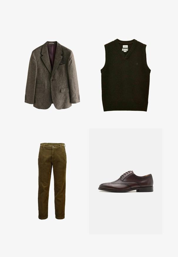 Blazer en tweed marron avec un col à cran, deux poches avant, une fermeture à bouton unique et une doublure bordeaux. Comprend un pochette.; Gilet sans manches en tricot marron foncé avec un col en V et des bords côtelés, taille moyenne, marque Joules, en tissu riche en laine.; Pantalon en velours côtelé marron avec bouton et fermeture éclair devant, passants de ceinture et coupe droite.; ALDO DONALD - Derbies & Richelieus - dark brown