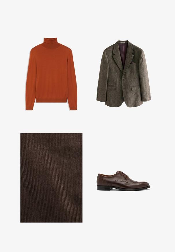 Brauner Tweed-Blazer mit Reverskragen, zwei Vorderaschen, einem Einzelknopfverschluss und burgunderfarbener Innenfutter. Inklusive eines Einstecktuchs.; Rostfarbener Rollkragenpullover aus weichem Material. Figurbetontes Design mit langen Ärmeln und geripptem Kragen sowie Saum. Glatte Textur im gesamten Pulli.; Braunes Cordura-Gewebe mit vertikalen Rippungen, weicher Textur und einer tiefen, reichen Farbe, geeignet für Polsterungen oder Kleidung.; Braune Lederanzugschuhe mit runder Spitze, Schnürdesign, Broguedetails und einer niedrigen, flachen schwarzen Sohle. Glatte Textur insgesamt.