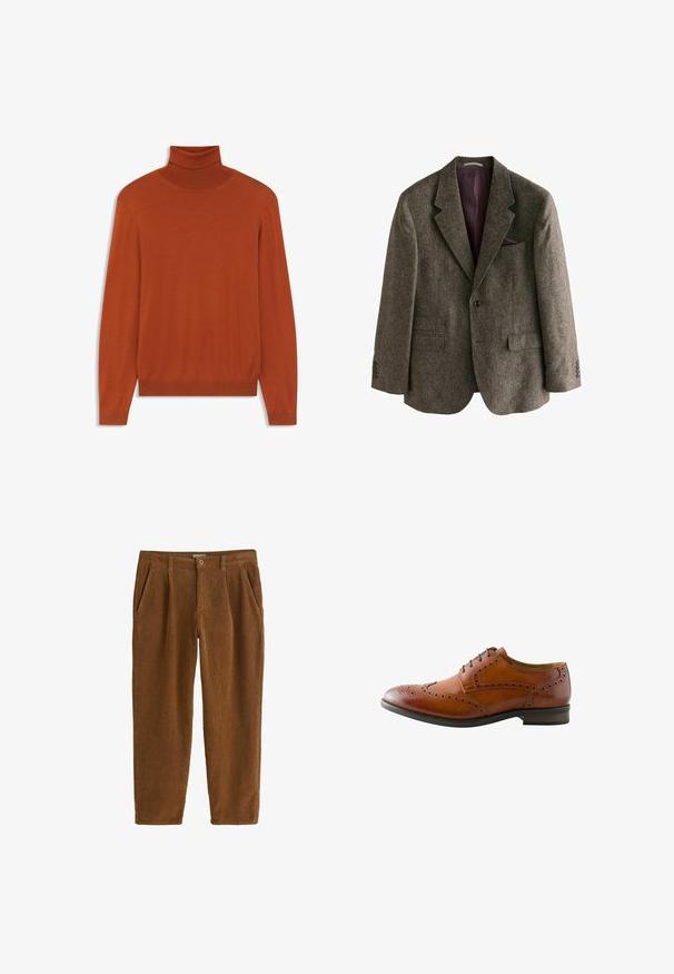 Brauner Tweed-Blazer mit Reverskragen, zwei Vorderaschen, einem Einzelknopfverschluss und burgunderfarbener Innenfutter. Inklusive eines Einstecktuchs.; Rostfarbener Rollkragenpullover aus weichem Material. Figurbetontes Design mit langen Ärmeln und geripptem Kragen sowie Saum. Glatte Textur im gesamten Pulli.; Braune Corduroyhosen mit geradem Schnitt, ausgestattet mit vorderen Falten, schrägen Taschen und einem einzelnen Knopfverschluss an der Taille.; Brauner Herrenschnürschuh aus Leder mit Brogue-Muster, Flügelspitzen-Perforation und schwarzen Schnürsenkeln, von der Außenseite gezeigt.