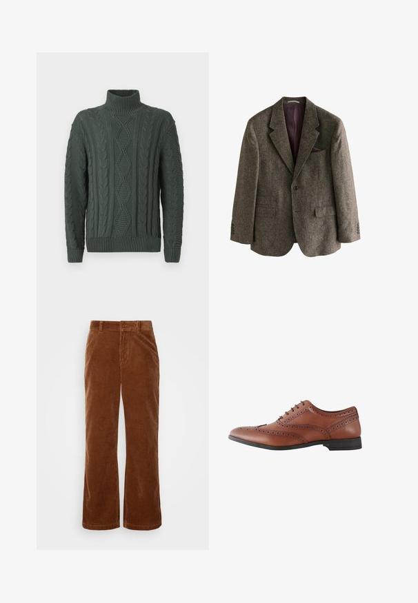 Blazer de tweed marrón con solapa de muesca, dos bolsillos frontales, cierre de un solo botón y forro burdeos. Incluye un pañuelo de bolsillo.; Suéter de cuello alto de punto trenzado verde oscuro con patrones de diamantes y trenzas, puños y dobladillo acanalados.; Pantalones de pana marrón con un diseño de pierna ancha, que presentan una textura acanalada vertical, cierre de botón y trabillas para cinturón estándar.; Zapato de hombre brogue de cuero marrón con perforaciones decorativas y suela negra, mostrado en vista lateral.