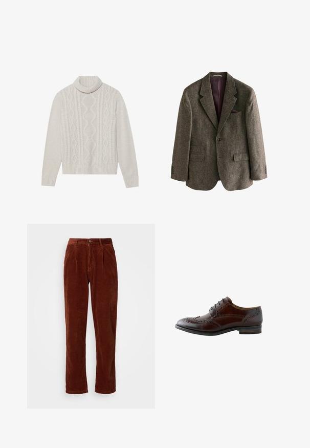 Brun tweed blazer med notch-krave, to frontlommer, en enkelt knaplukning og en bordeaux foring. Inkluderer en lommetørklæde.; Cremefarvet kabelstrikket sweater med høj ribkant, prydet med et struktureret mønster samt ribbede manchetter og kant. Blødt uldblend materiale.; Corduroybukser i en rig brun farve; har en plisseret front, lige ben og en knaplukning ved taljen.; Brun læder herresko med wingtip brogue-detaljer og sorte snørebånd, vist fra siden på en hvid baggrund.