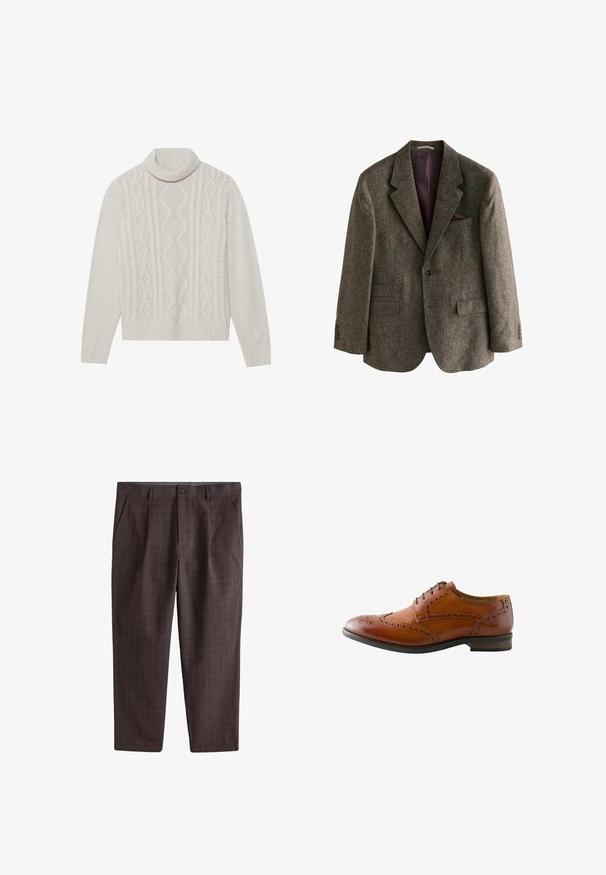 Brun tweed blazer med notch-krave, to frontlommer, en enkelt knaplukning og en bordeaux foring. Inkluderer en lommetørklæde.; Cremefarvet kabelstrikket sweater med høj ribkant, prydet med et struktureret mønster samt ribbede manchetter og kant. Blødt uldblend materiale.; Brune herre bukser med diskret ternet mønster, knaplukning, sidelommer og bæltestropper, lagt fladt på hvid baggrund.; Brun læder herres brogue fest sko med vingetip perforering og sorte snørebånd, vist fra ydersiden.