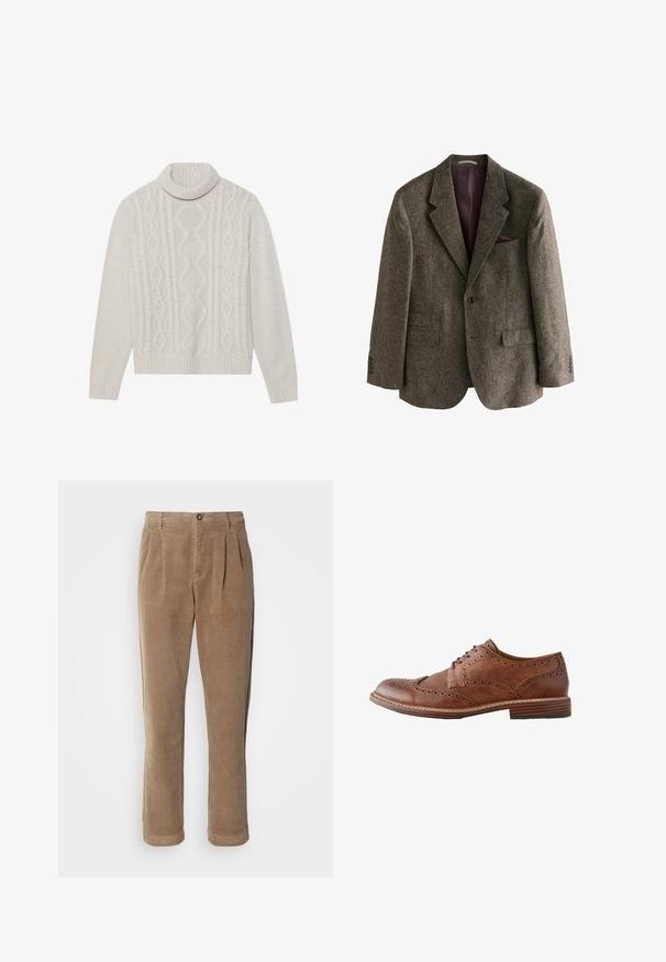 Brun tweed blazer med notch-krave, to frontlommer, en enkelt knaplukning og en bordeaux foring. Inkluderer en lommetørklæde.; Cremefarvet kabelstrikket sweater med høj ribkant, prydet med et struktureret mønster samt ribbede manchetter og kant. Blødt uldblend materiale.; Brune fløjlsbukser med høj talje, der har frontfolder, knaplukning og lige ben. Den strukturerede stof er synlig.; Brun læder herre wingtip oxford sko med brogue-detaljer og stablet træsål, vist i sideprofil på hvid baggrund.
