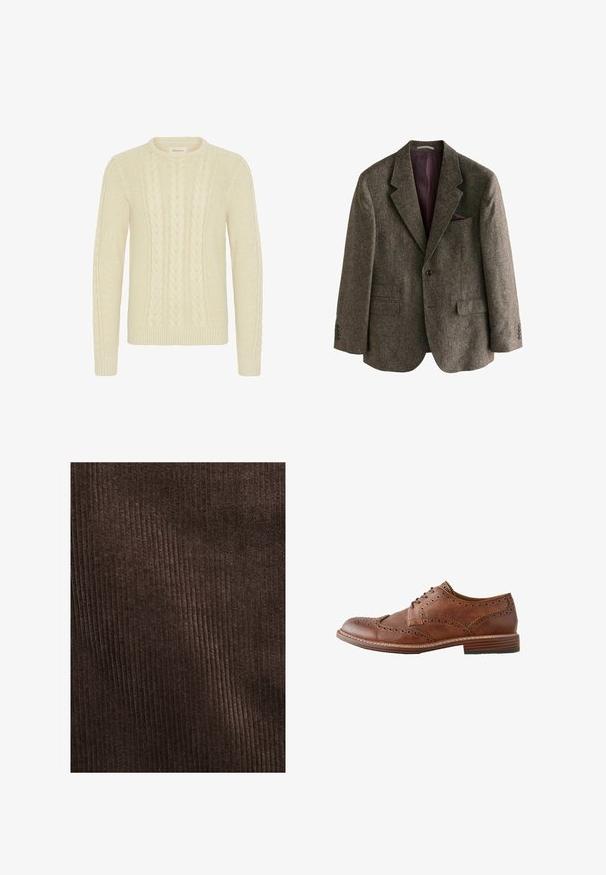 Blazer de tweed marrón con solapa de muesca, dos bolsillos frontales, cierre de un solo botón y forro burdeos. Incluye un pañuelo de bolsillo.; Blend BHBASIM - Jersey de punto - oyster gray; Tejido de pana marrón con costillas verticales, textura suave y un color profundo y rico, adecuado para tapicería o ropa.; Zapato oxford de hombre marrón de cuero con diseño wingtip, detalles brogue y tacón de madera apilado, mostrado en perfil lateral sobre fondo blanco.