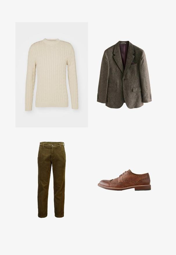 Brun tweed blazer med notch-krave, to frontlommer, en enkelt knaplukning og en bordeaux foring. Inkluderer en lommetørklæde.; Kabelstrikket sweater i lys creme. Har rund halsudskæring, lange ærmer, ribbede manchetter og kant, samt et struktureret overflademønster.; Brune cordfløjlsbukser med frontknap og lynlås, bæltestropper og lige ben.; Brun læder herre wingtip oxford sko med brogue-detaljer og stablet træsål, vist i sideprofil på hvid baggrund.