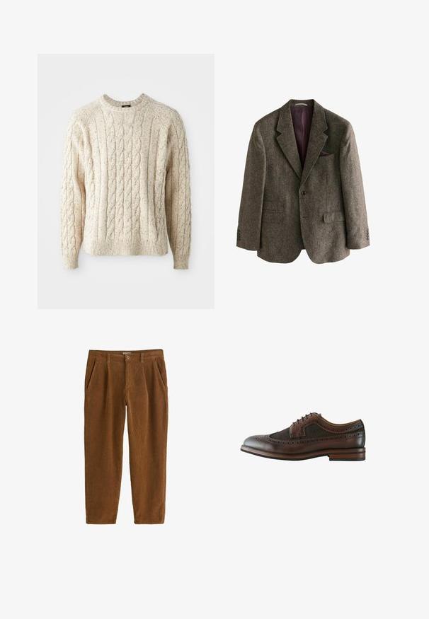 Brauner Tweed-Blazer mit Reverskragen, zwei Vorderaschen, einem Einzelknopfverschluss und burgunderfarbener Innenfutter. Inklusive eines Einstecktuchs.; Cremfarbener Kabelstrickpullover mit Rundhalsausschnitt, strukturiertem Muster und gerippten Bündchen und Saum. Hergestellt aus weicher, dicker Wolle.; Braune Corduroyhosen mit geradem Schnitt, ausgestattet mit vorderen Falten, schrägen Taschen und einem einzelnen Knopfverschluss an der Taille.; Dunkelbrauner Leder-Wingtip-Brogue-Schuh mit dekorativen Perforationen, Schnürverschluss und Holzsohle mit mehrlagigem Absatz.